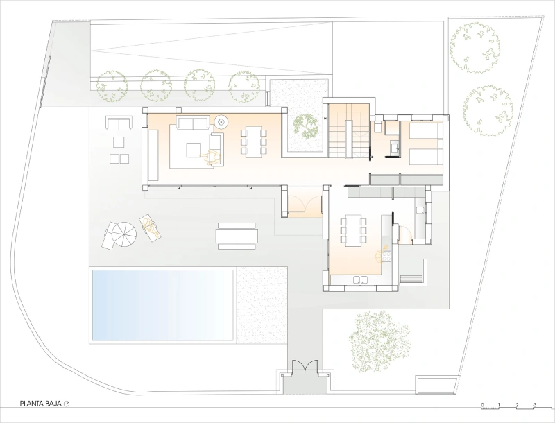 Plano técnico en dos dimensiones de la planta baja de la casa Bétera diseñado por Conesa y Franch Arquitectos