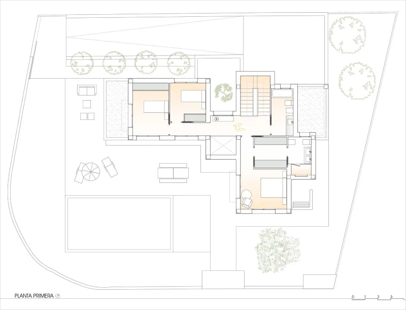 Plano técnico en dos dimensiones de la planta primera de la casa Bétera diseñado por Conesa y Franch Arquitectos