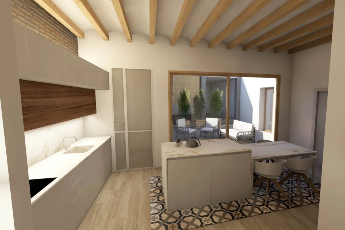 Cocina diáfana con acceso a terraza diseñada por Conesa y Franch Arquitectos Cocina diáfana blanca y techos con gigas de madera y gran ventanal con acceso al exteiror