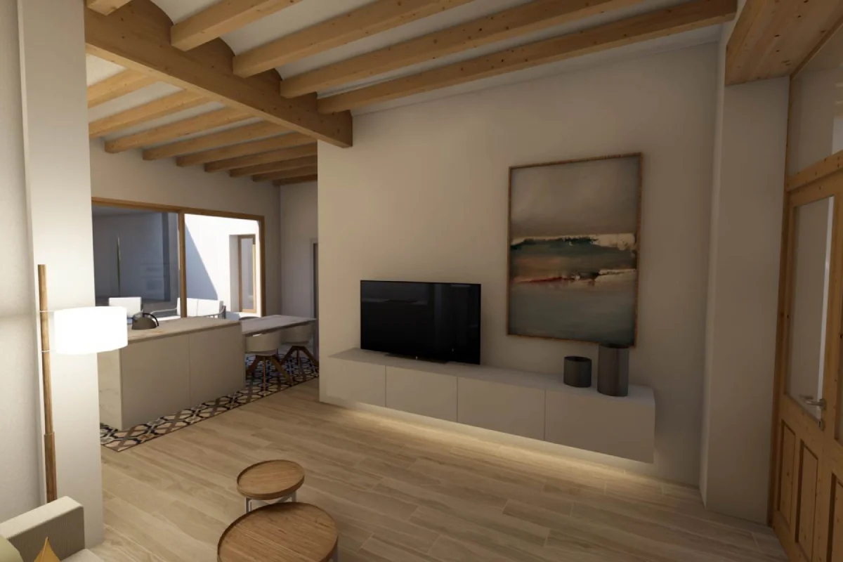 Salón abierto a la cocina en casa de pueblo La Silla Salón con mueble de televión flotante iluminado con led