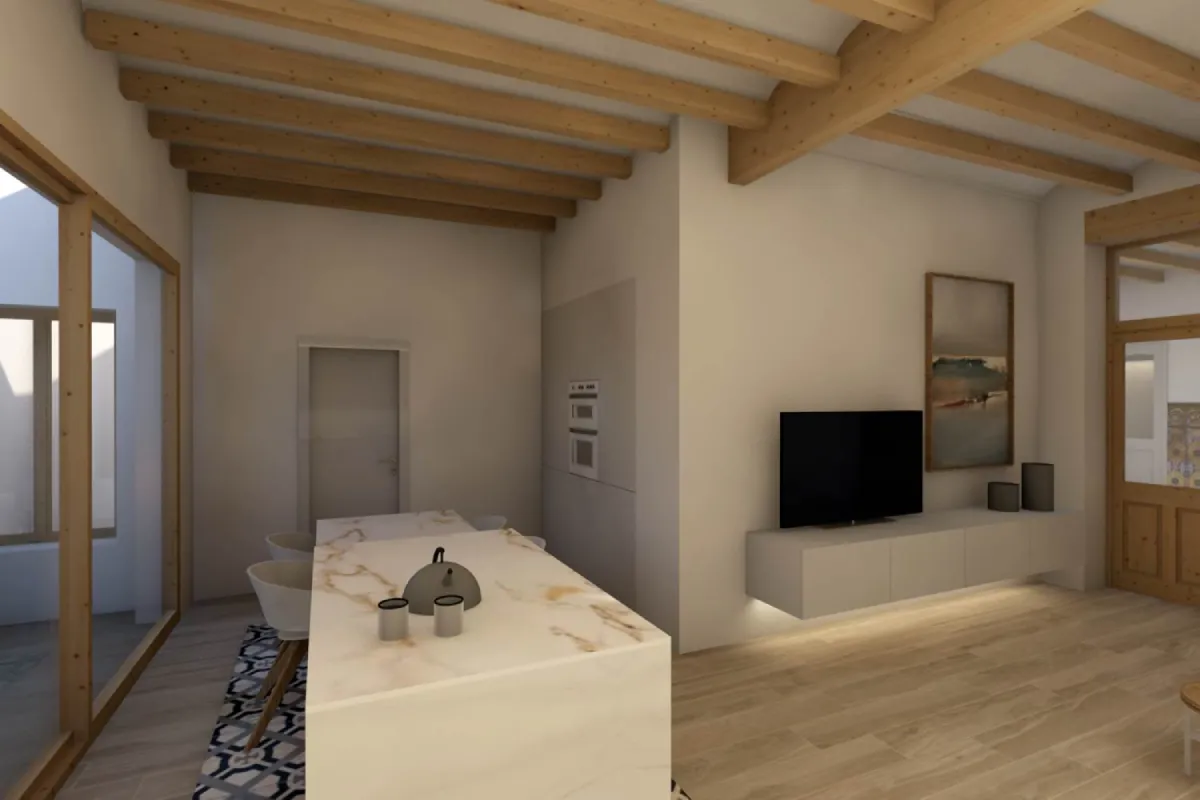 Vista completa de cocina y salón diseñados por Conesa y Franch Arquitectos Vista de cocina y salón, ventana de acceso a exterior y cuarto anexo