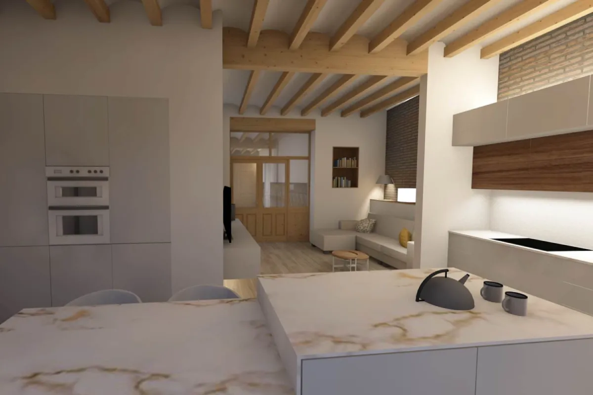 Casa de pueblo con diseño de cocina abierta al salón hecho por Conesa y Franch Arquitectos Cocina diáfana con elementos de piedra y madera en suelo y techo