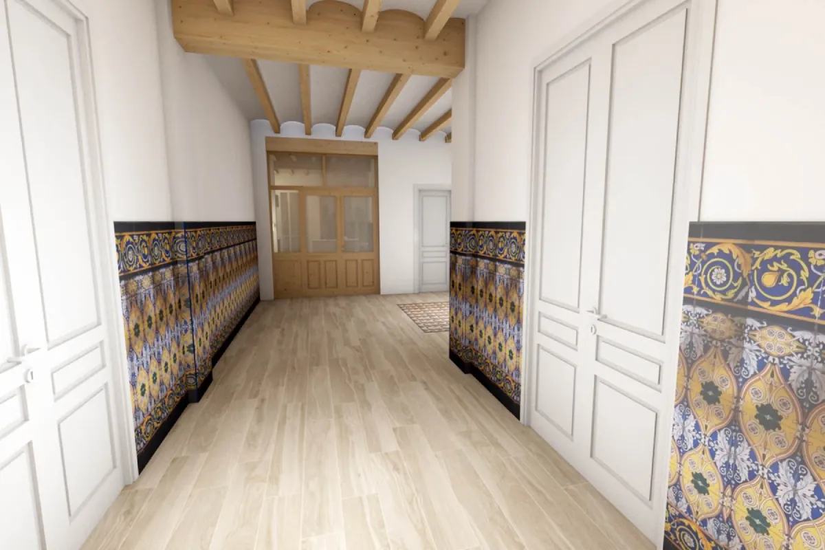 Pasillo con paredes alicatadas en la casa de pueblo La Silla Pasillo de la casa de pueblo con puertas blancas y paredes con alicatado a media altura