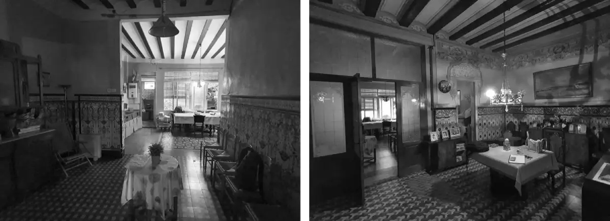 Composición dos fotos de distintas estancias en blanco y negro Composición horizontal en blanco y negro de dos fotos con amplias estancias