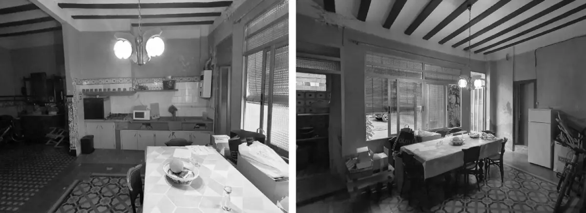 Composición de dos fotos en blanco y negro de una cocina diáfana Composición horizontal en blanco y negro de dos fotos de una cocina diáfana